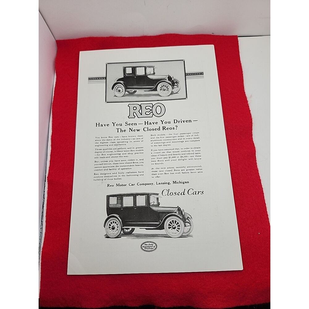 Vtg 1922 REO Closed Cars Have You Seen Have You Driven Ephemera Ad Advertisement